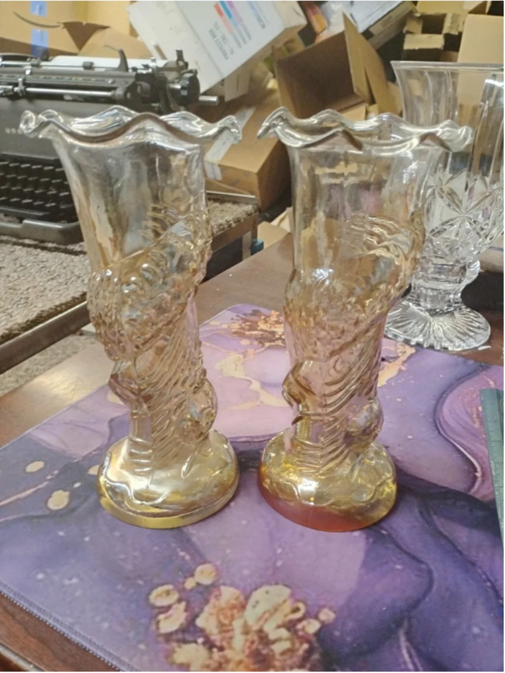 Vintage Flower Vase Pair Carnival Glass Marigold Koi Fish Design Decorative